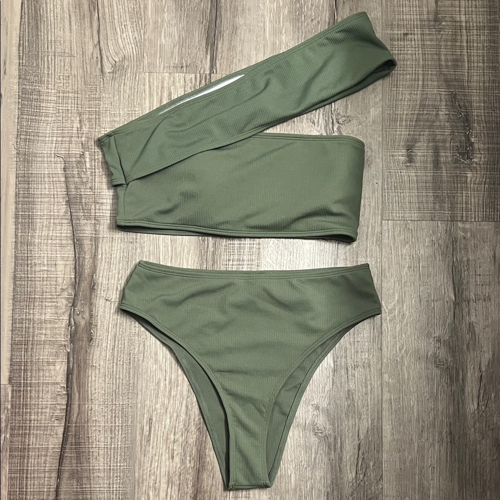 Olive Green One-Shoulder Bikini Set